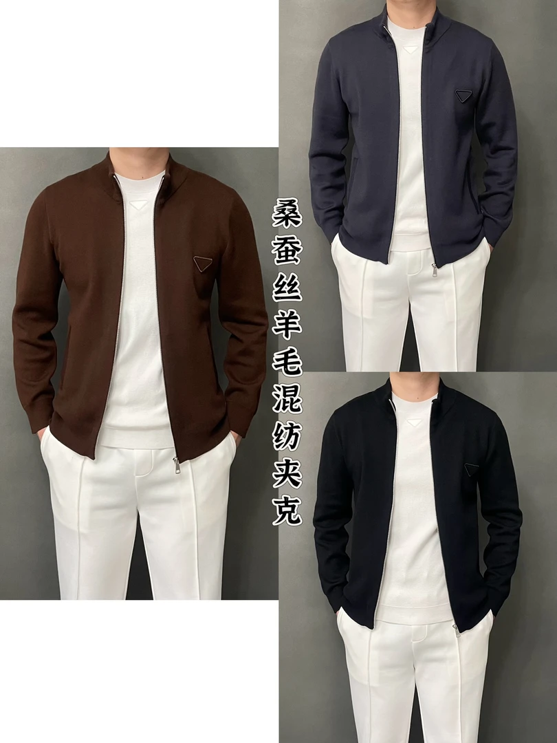 热搜-2024秋冬欧货新款高品质男士桑蚕丝羊毛拉链开衫夹克外套