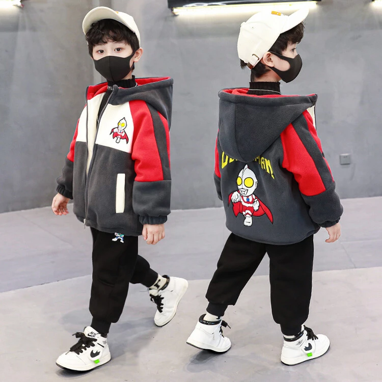 男童奥特曼衣服儿童冬装加绒毛毛衣连帽加厚外套2023新款冬季