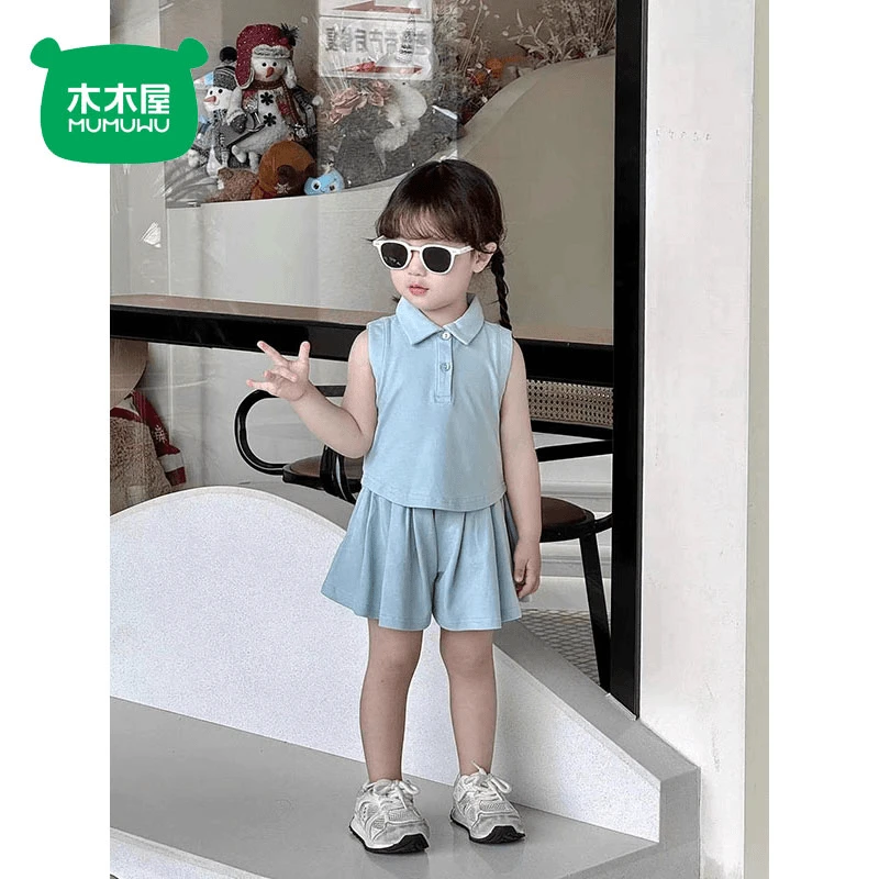 木木屋女童夏装套装时髦洋气儿童洋气无袖POLO衫韩版裙裤两件套装