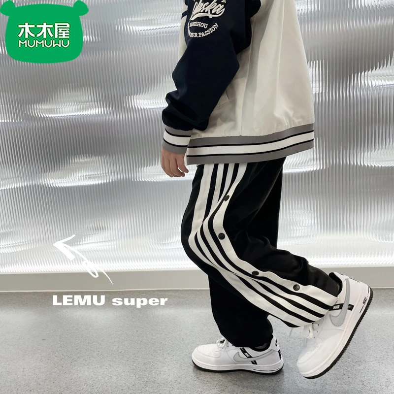 木木屋男童百搭宽松街舞长裤春秋季条纹侧排扣束脚运动裤潮牌童装