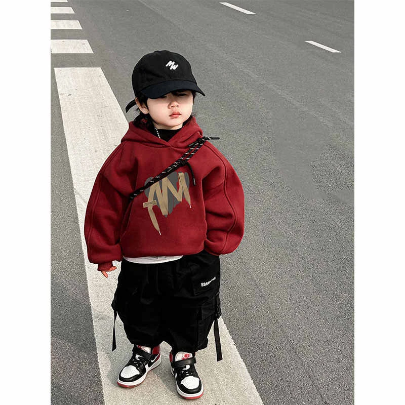 酒红色宽松儿童卫衣2024年冬季新款复古新年连帽衫女大童套头上衣