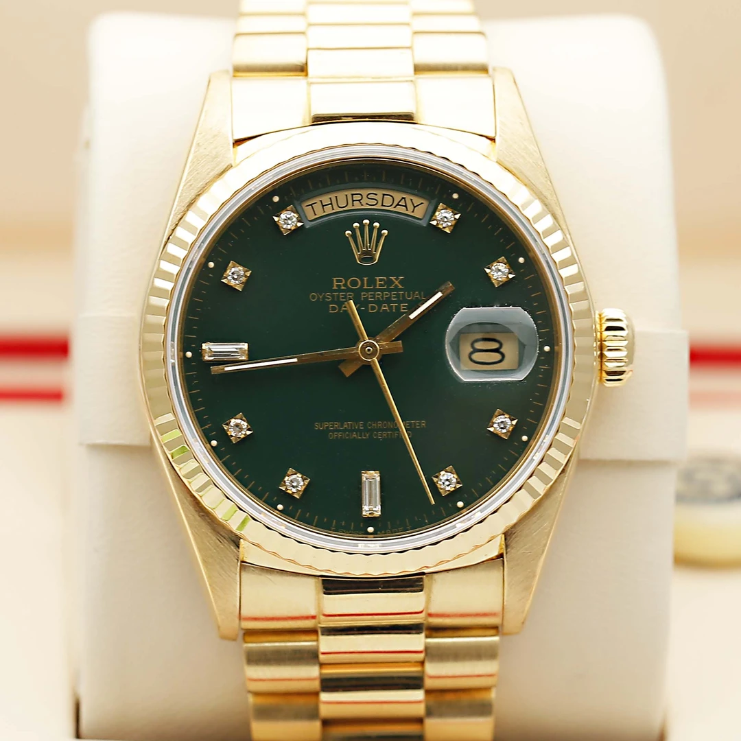 99新 Rolex/劳力士 星期日历18238/自动机械男/绿盘原钻/36mm单表