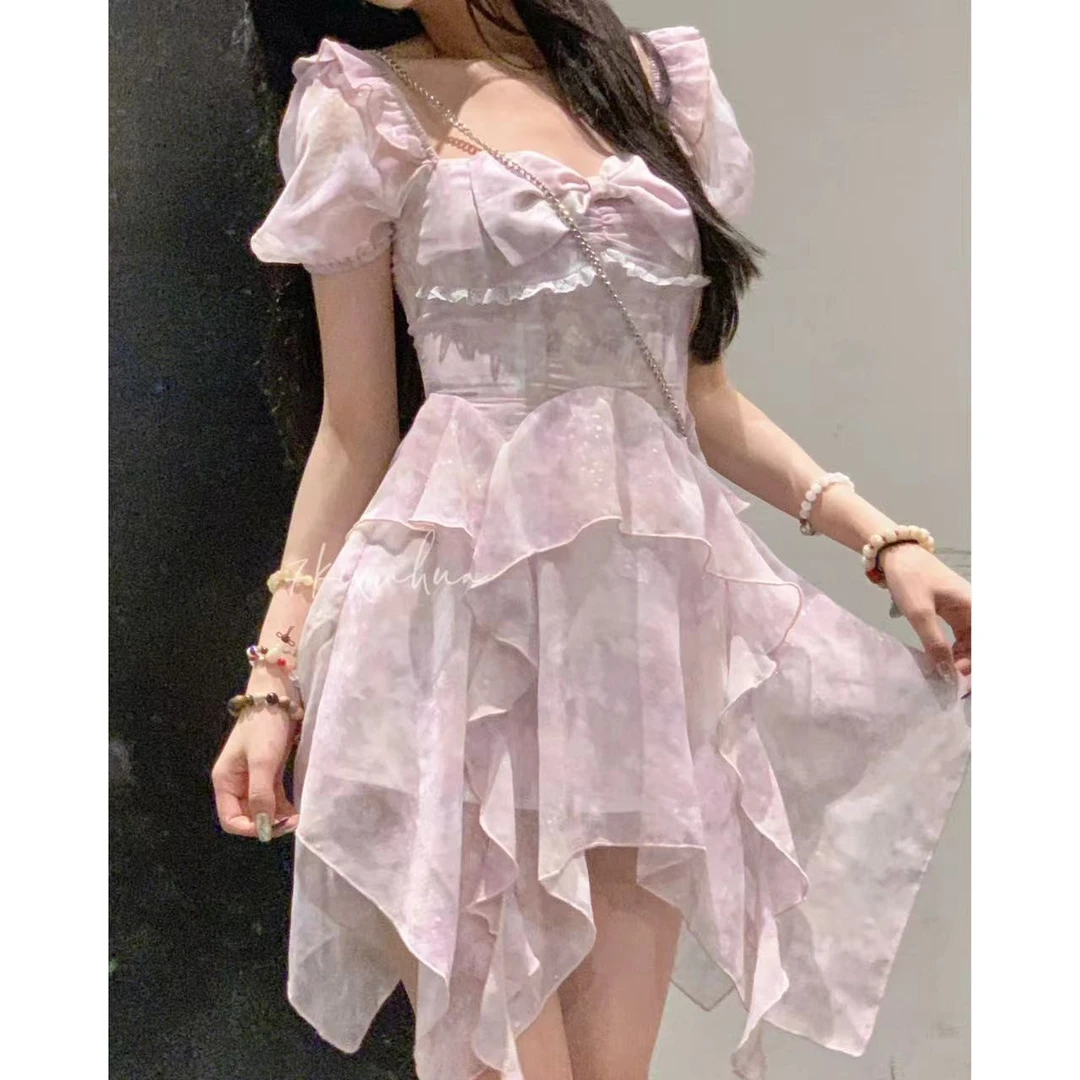 77"紫鸢入梦"夏季甜美泡泡袖不规则碎花连衣裙