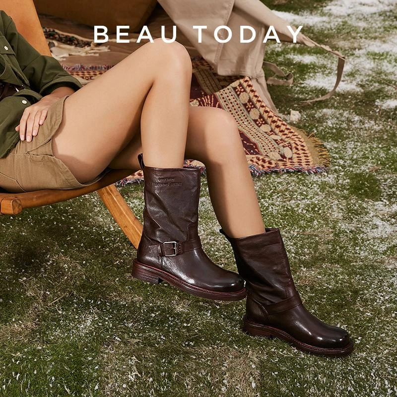 BeauToday骑士靴女秋冬中筒真皮水桶靴不过膝小众设计显瘦爆款