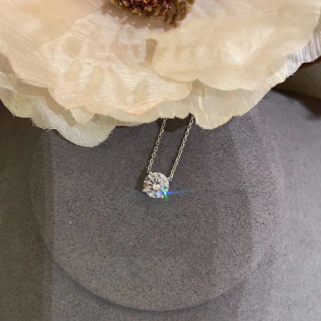 坠链均925银合成锆石 坠链均纯银项链四爪透明白色单砖小众锁骨链