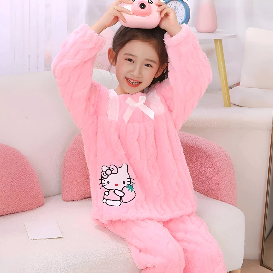 儿童珊瑚绒睡衣长袖女童加绒法兰绒保暖秋冬女孩中大童家居服套装