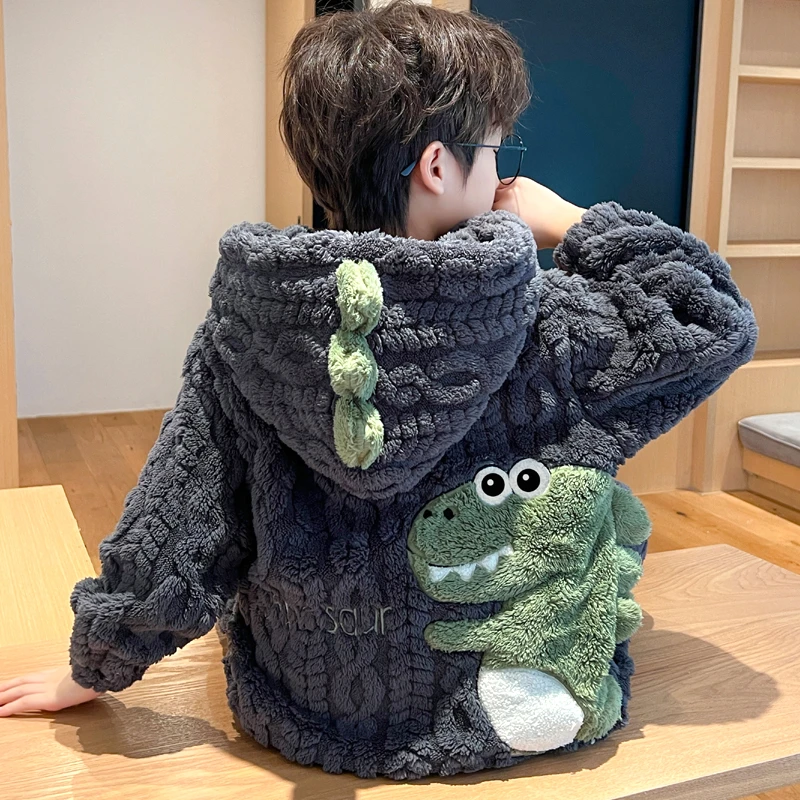 儿童秋冬季加厚保暖法兰绒宝宝睡衣家居服大童连帽外穿珊瑚绒套装
