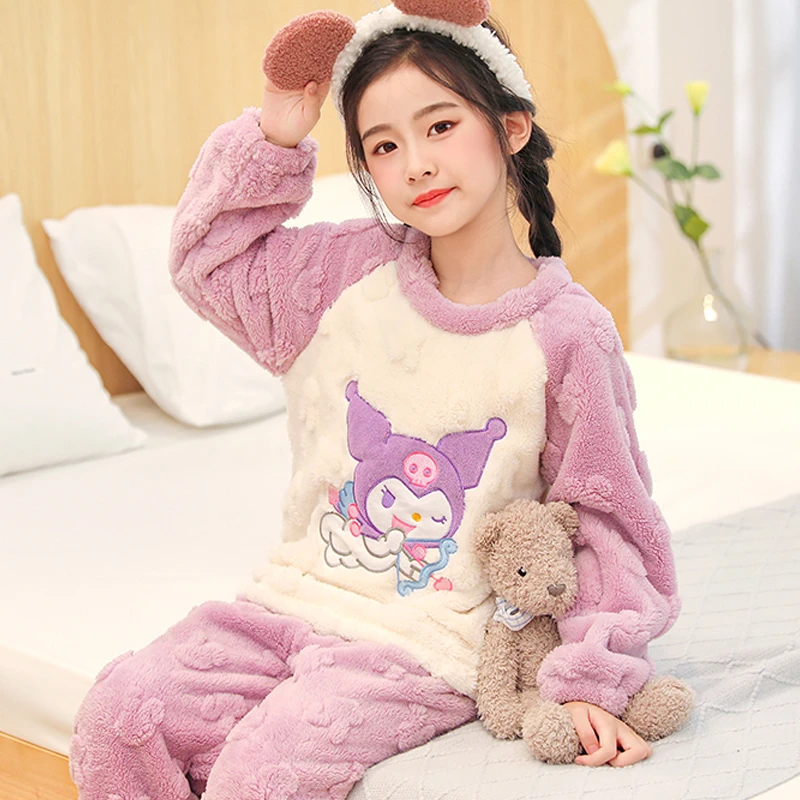 儿童睡衣女童秋冬珊瑚绒法兰绒加绒加厚中大童男孩宝宝家居服套装