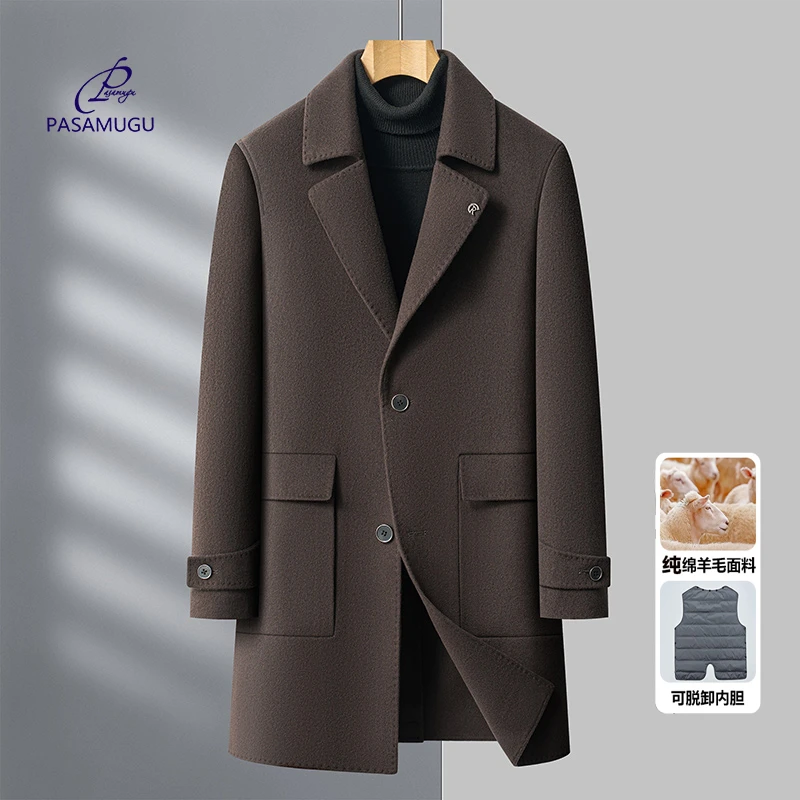 纯绵羊毛男士商务休闲中长款双面尼大衣羊毛可脱卸内胆秋冬季外套