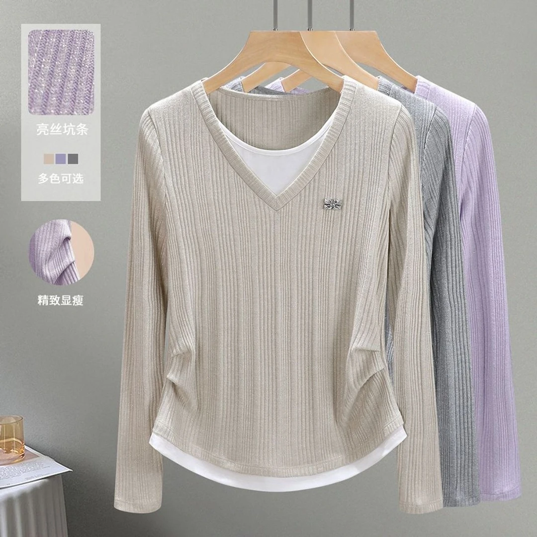 假两件长袖t恤女春秋夏季设计感小众修身正肩内搭打底衫1688上衣