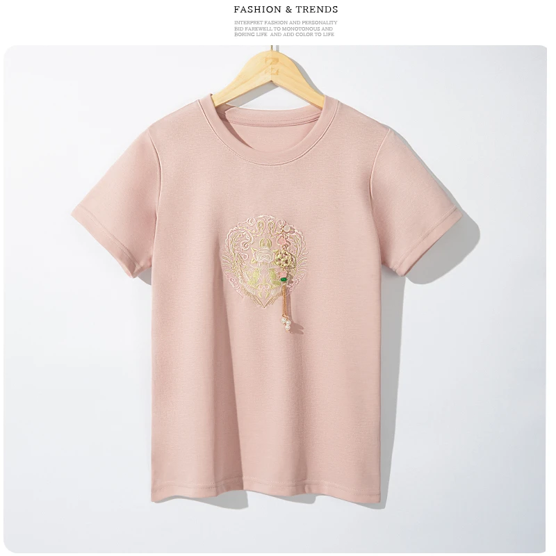 《伊人》2024春季新款气质国风刺绣吊坠上衣新中式T恤（吊坠可拆）