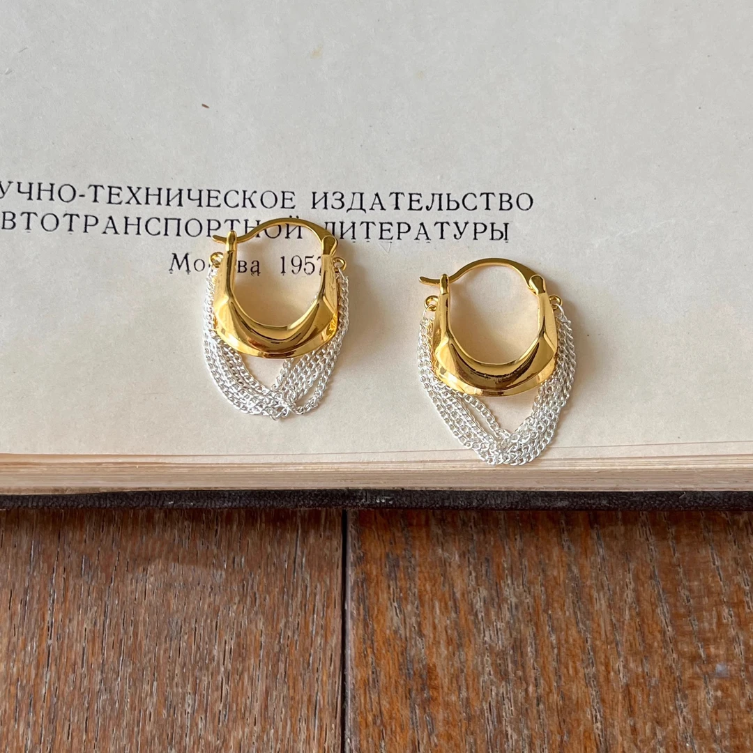 铜合金绒毛耳饰 金银撞色链条流苏耳环气质耳扣小众复古秋冬耳饰