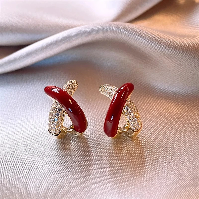 铜合金耳饰 红色交叉锆石耳钉女2023爆款耳环秋冬轻奢高级感耳饰