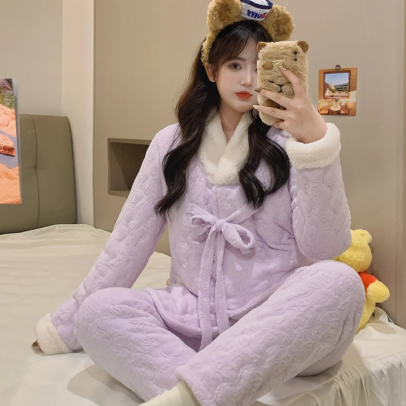 冬季三层夹棉加绒加厚睡衣女家居服保暖女士新中式国风珊瑚绒套装