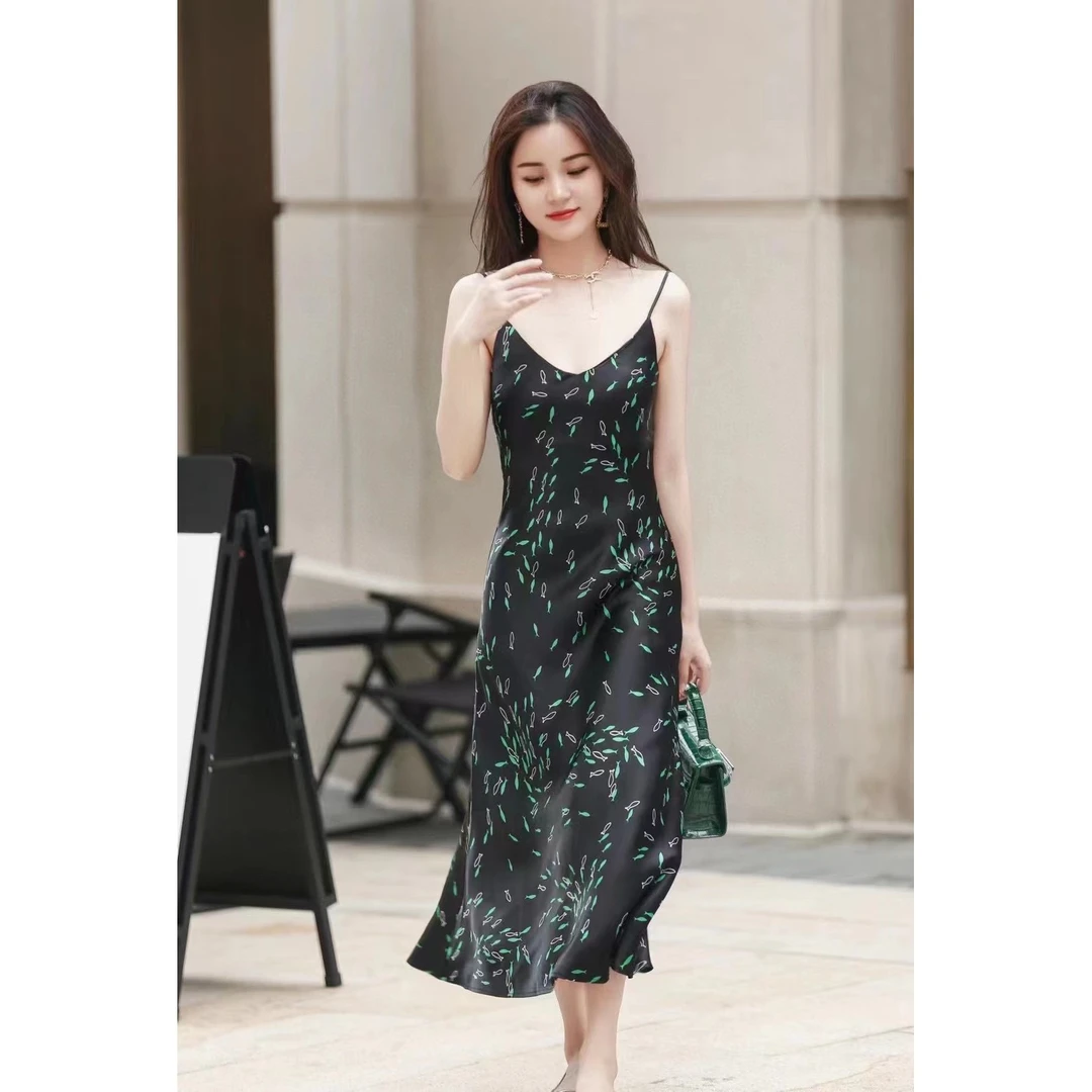 【断码亏米清】小个子醋酸连衣裙新款印花上档次轻奢高端气质吊带裙