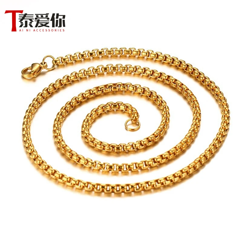 泰爱你 钛钢项链 方珠链金色黑色潮男个性时尚链子吊坠配链单链