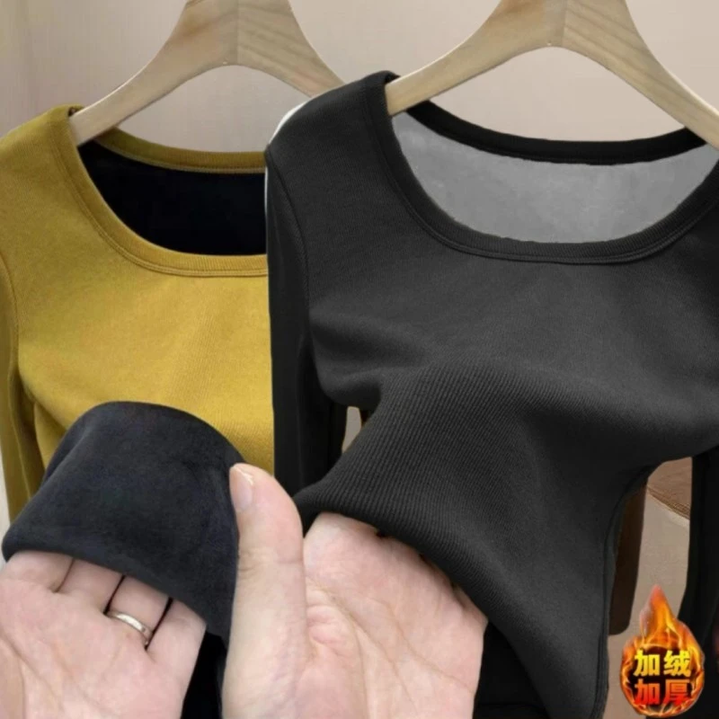 银狐绒冬季新款保暖打底衫内衣女加绒加厚修身内搭圆领长袖恤上衣