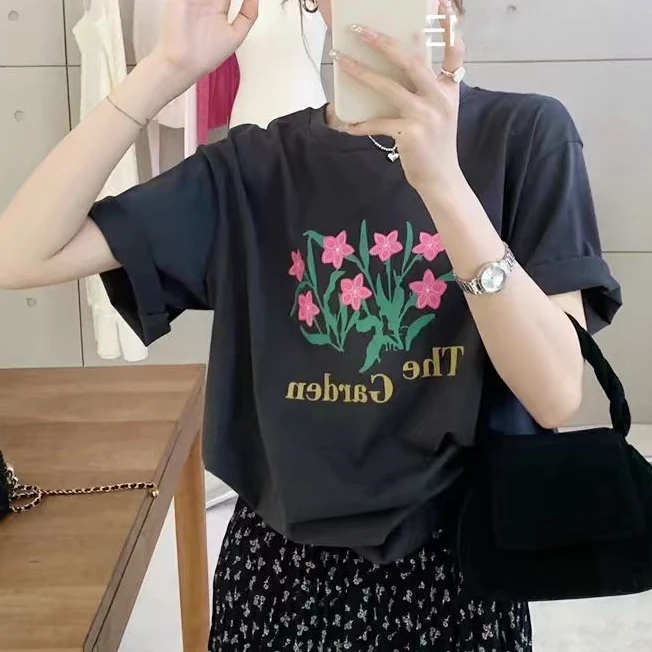 夏季新款圆领印花朵字母短袖T H.2216 舒适百搭 休闲韩版显年轻