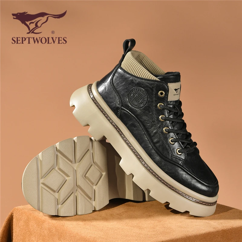 七匹狼男鞋秋季黑色百搭户外休闲高帮马丁靴男士防滑耐磨工装潮鞋
