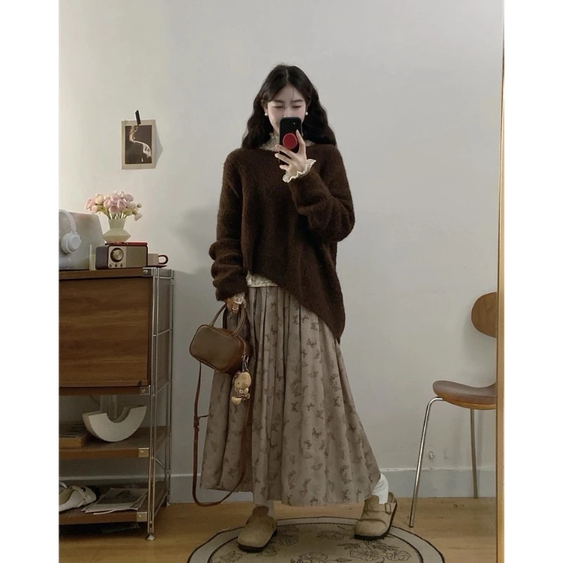 MO88ZSPF大码2024冬季不规则慵懒毛衣内搭碎花蕾丝打底衫碎花半裙