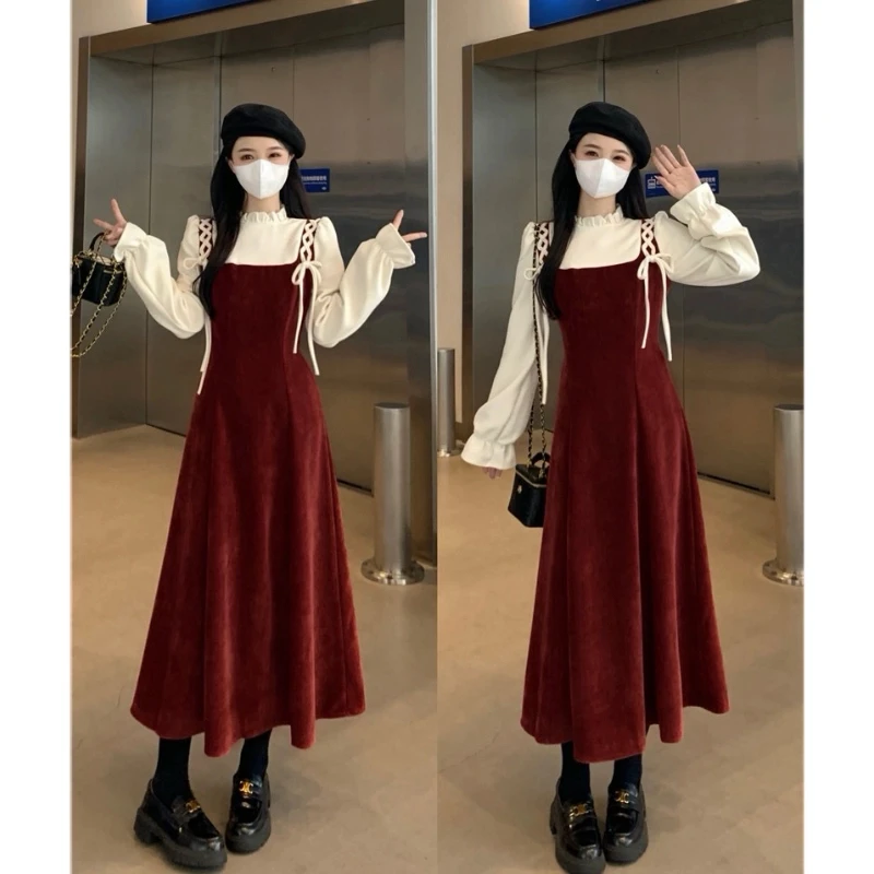 MO88ZSPF大码2024秋冬法式复古假两件木耳边领连衣裙气质显瘦长裙
