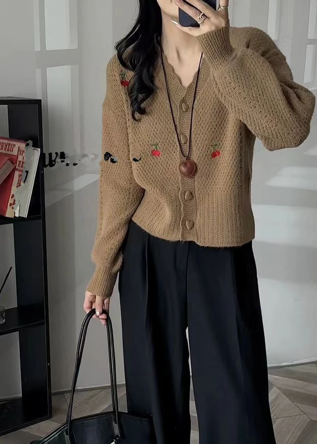 K26003女士新款刺绣樱桃时尚休闲百搭气质针织开衫