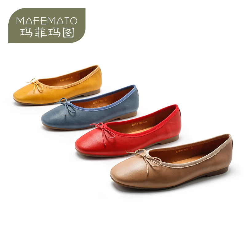 玛菲玛图0235-1春季羊皮女鞋小方头浅口平底单鞋蝴蝶结芭蕾舞鞋女