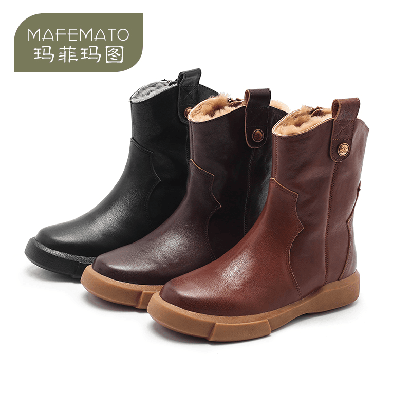 玛菲玛图8021-42ZY秋冬牛皮女靴大棉羊羔毛保暖雪地靴英伦风短靴