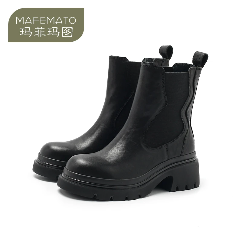 80161-3秋冬短靴切尔西靴女牛皮烟筒靴粗跟厚底马丁靴女