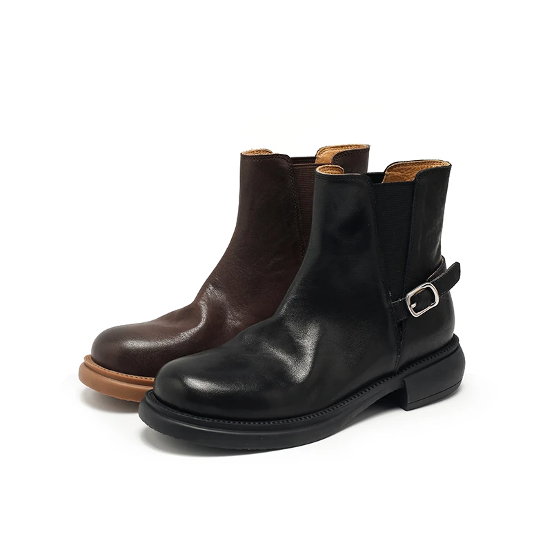 6818-35洗水牛皮秋冬百搭短靴英伦风切尔西靴复古女鞋中跟厚底靴