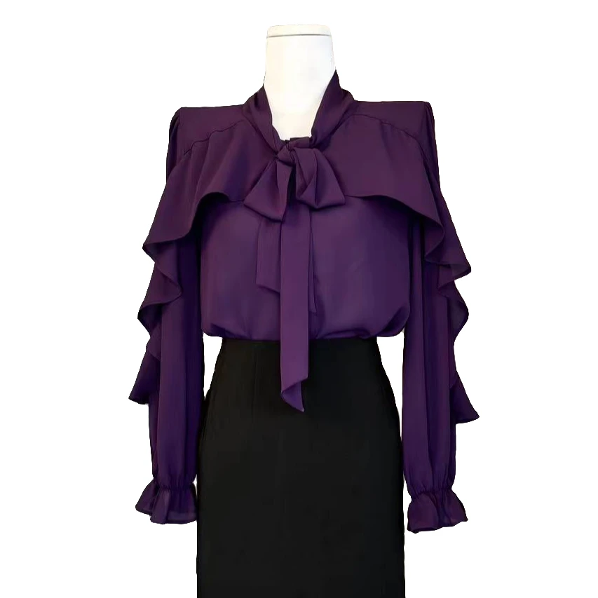 24005气质衣轻奢小众紫色荷叶边荷叶边长袖设计感女衬衫