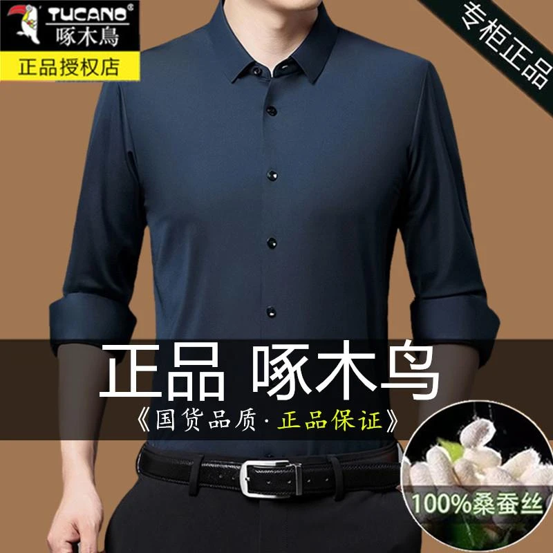 啄木鸟档免熨烫无痕衬衫男长袖春秋款百搭休闲爸爸装桑蚕丝衬衫男