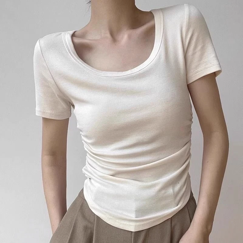 美式复古褶皱设计感T恤女夏弧形下摆打底纯欲风修身短袖别致上衣