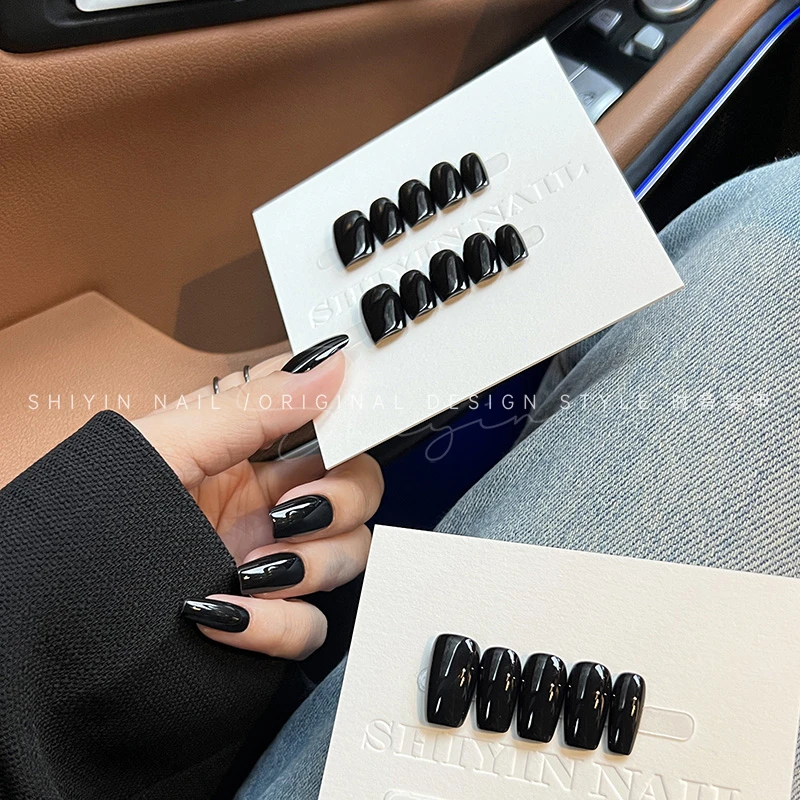A265 黑色纯色简约时音纯手工穿戴甲定制白领风美甲成品甲片贴