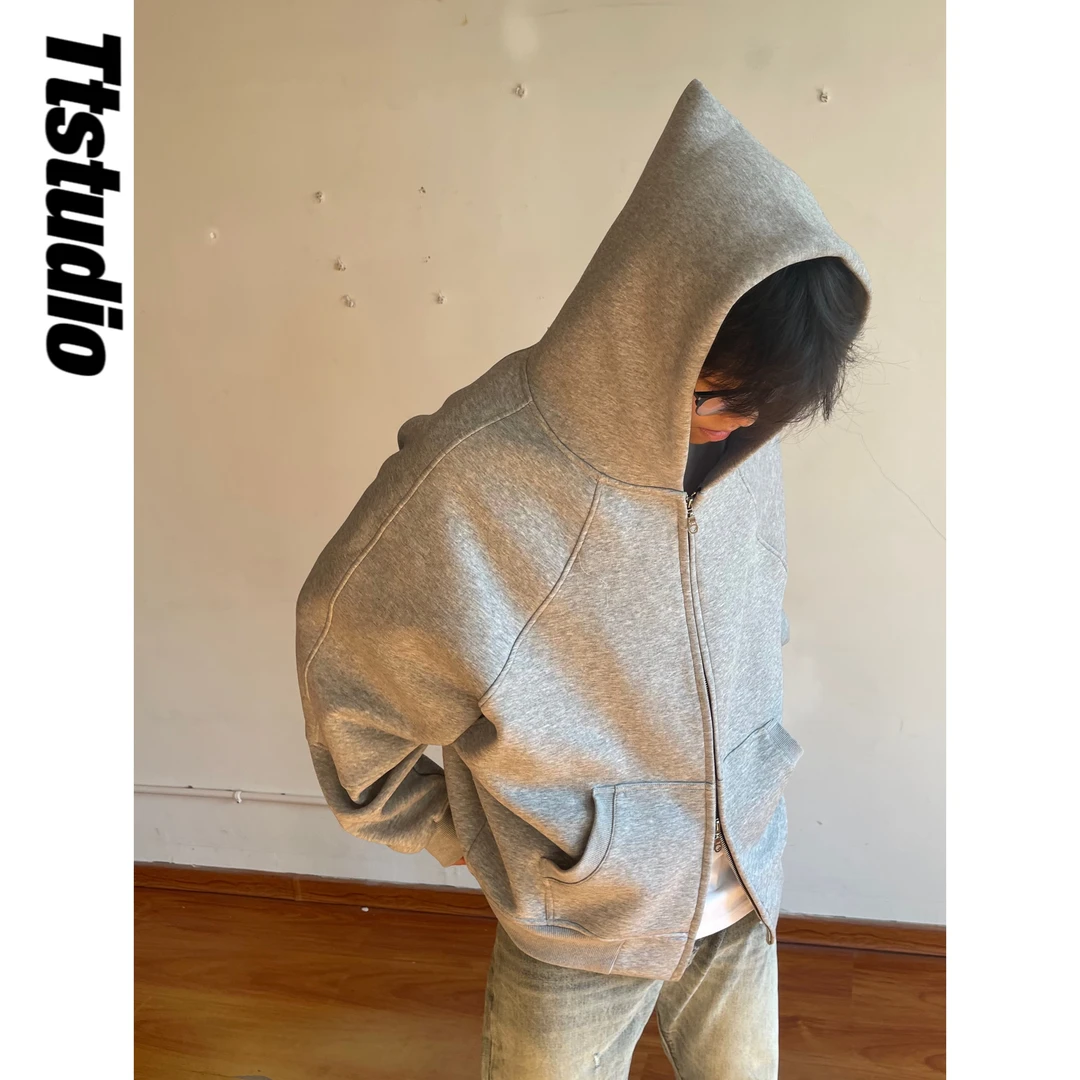 Ttstudio十九谭短宽cleanfit拉链灰色黑色连帽卫衣外套设计感
