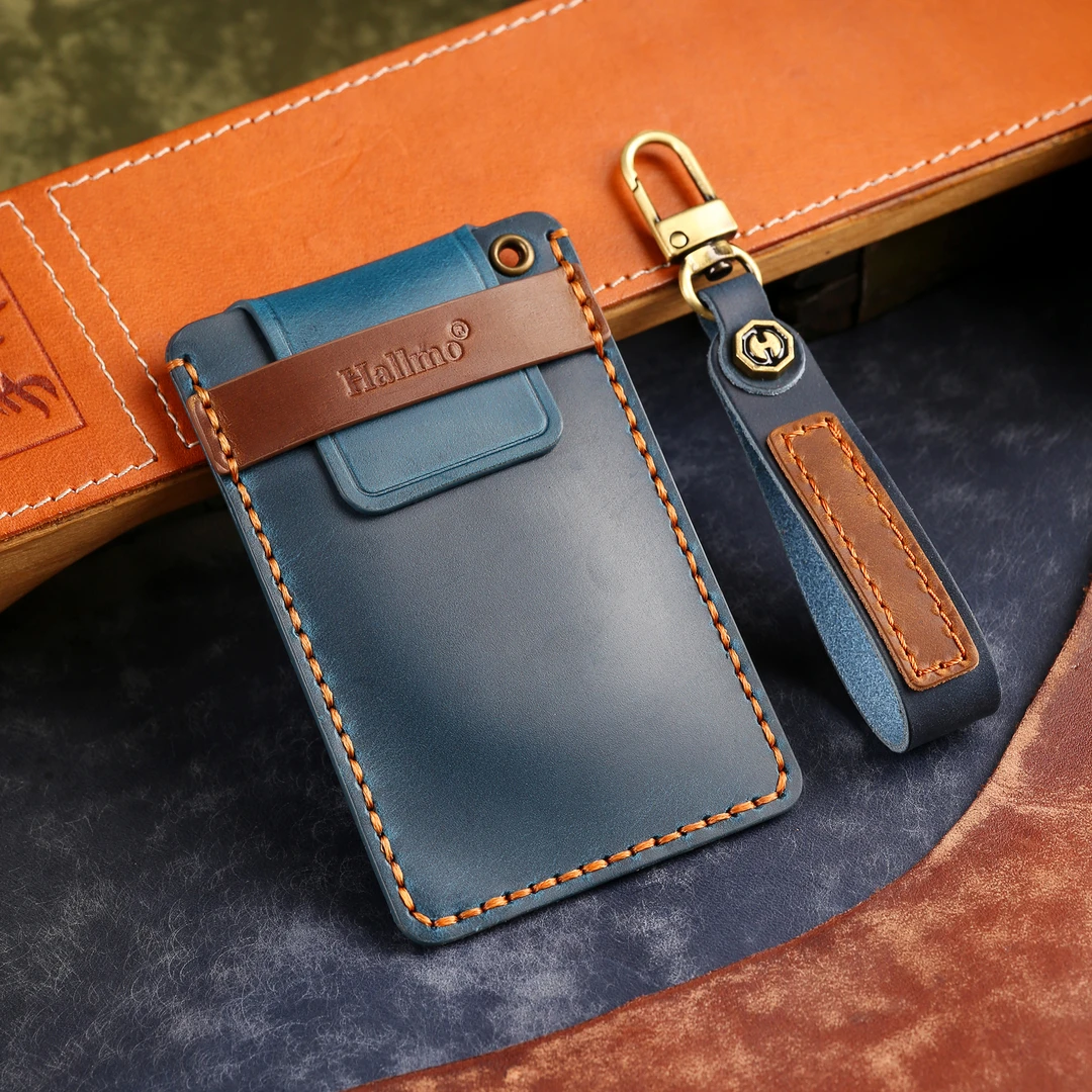 疯马皮卡片车钥匙套特斯拉蔚来小鹏领克腾势专用手工真皮保护壳扣