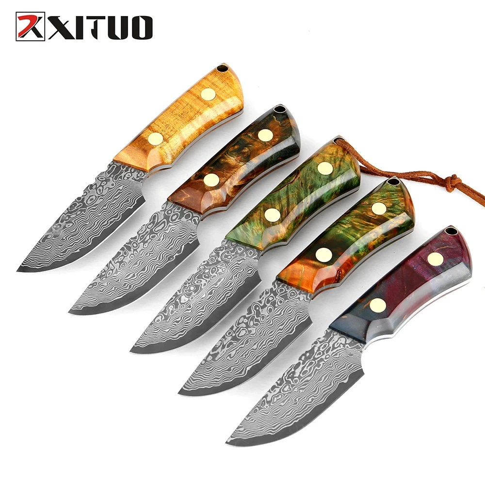 高硬度户外刀大马士革钢猎刀防身便携野外求生小水果刀带皮鞘