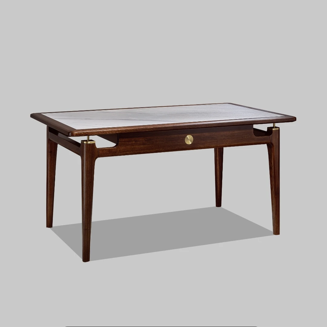 新中式黑檀木理石面实木餐桌椅组合