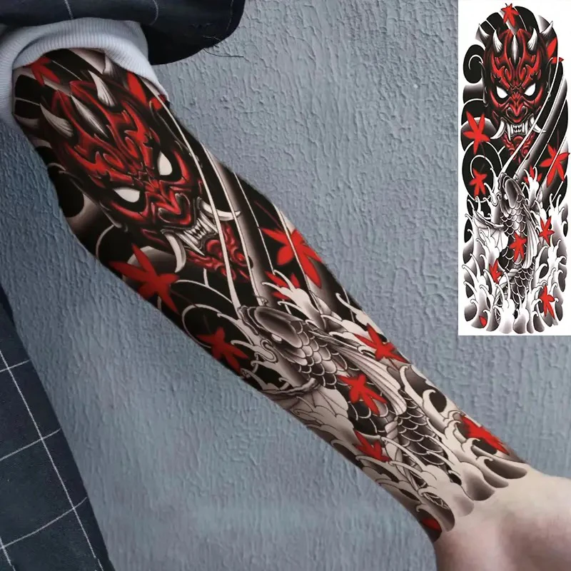 枫叶般若海浪刹车印纹身贴全臂男女防水持久仿真老传统社会大花臂