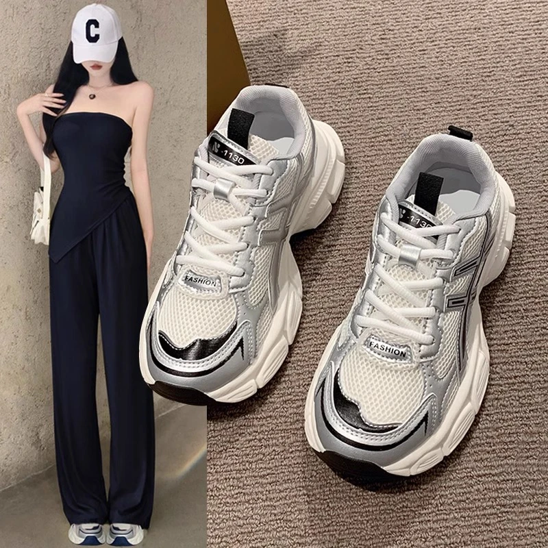 啄木鸟厚底老爹鞋女2025年新款夏秋季透气跑步运动鞋女款休闲百搭