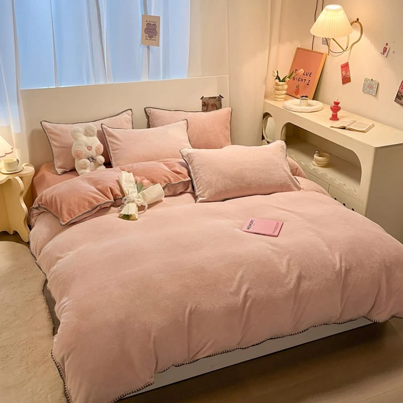 2024新款消光牛奶绒细条纹贝壳边四件套纯色 简约加绒毛绒加厚AB