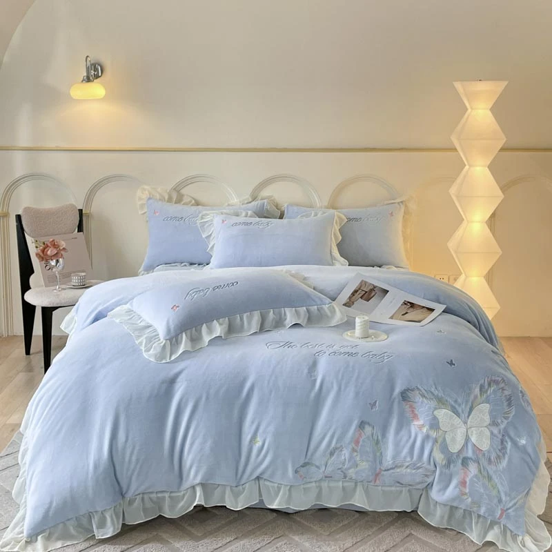 2024新款牛奶绒大版绣花四件套轻奢双面加厚韩式韩版磨毛雕花-AB