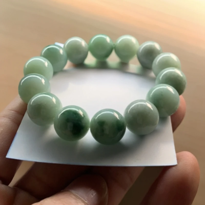 天然缅甸翡翠A货卡14飘花手串细糯14颗飘花手串绿色飘花男款手串