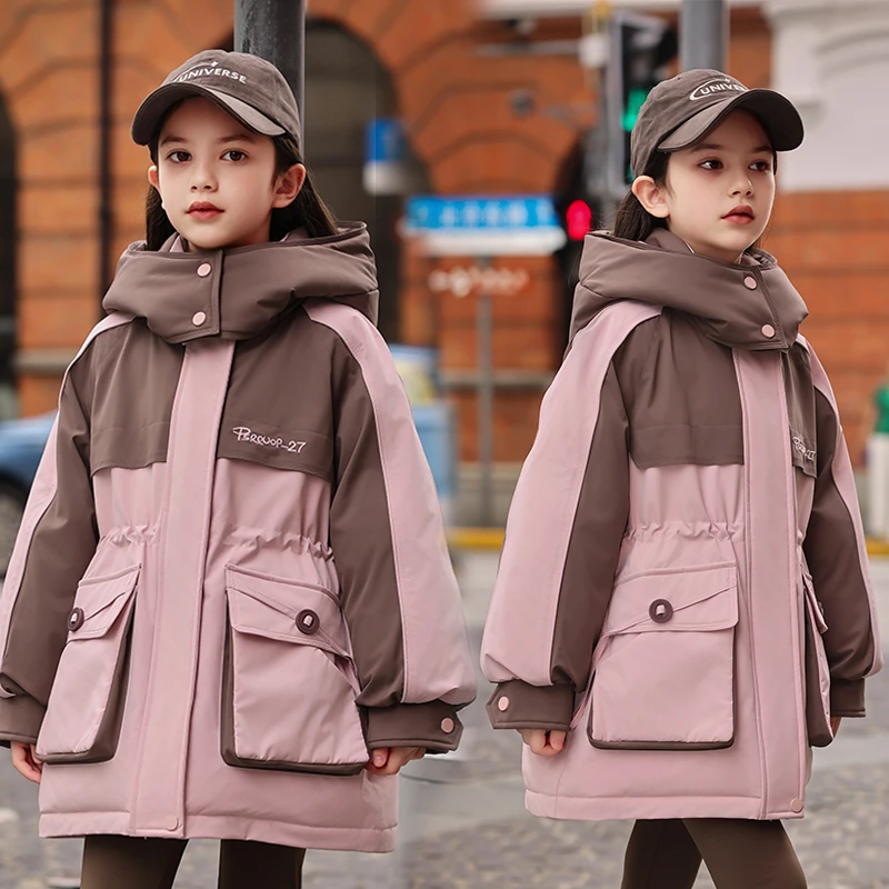 儿童羽绒服女童新年中长款防水加厚女孩冬外套可收腰2024新款
