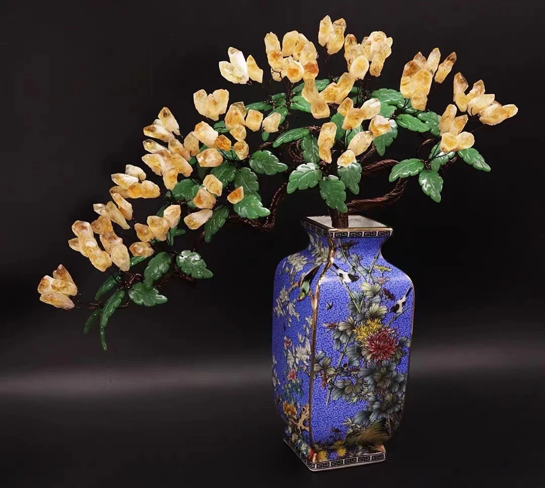 『锦尚』蓝描金珐琅花鸟四方瓶天然水晶树家居摆件纯手工玄关高档