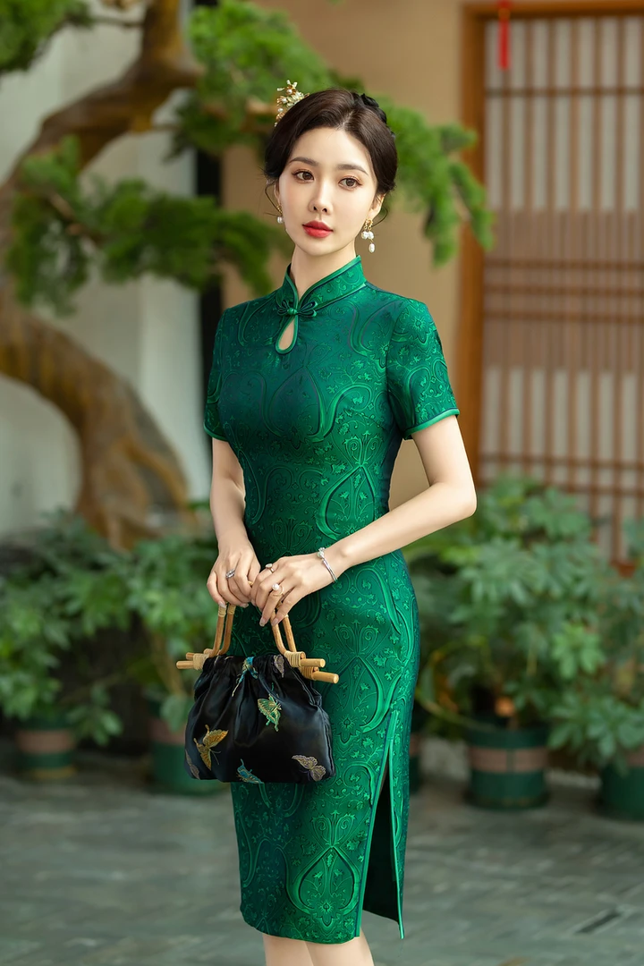 旗袍 中长款  水滴领（衣长约105cm）如茵（绿）C320