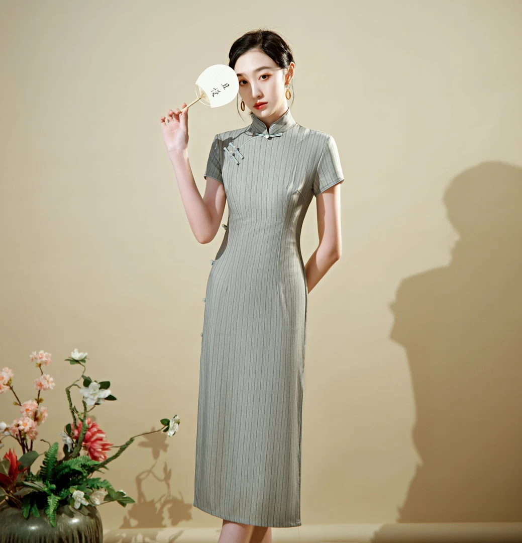 旗袍 长款  短袖 文艺复古款（衣长约120cm）旧时光 C127（灰条）