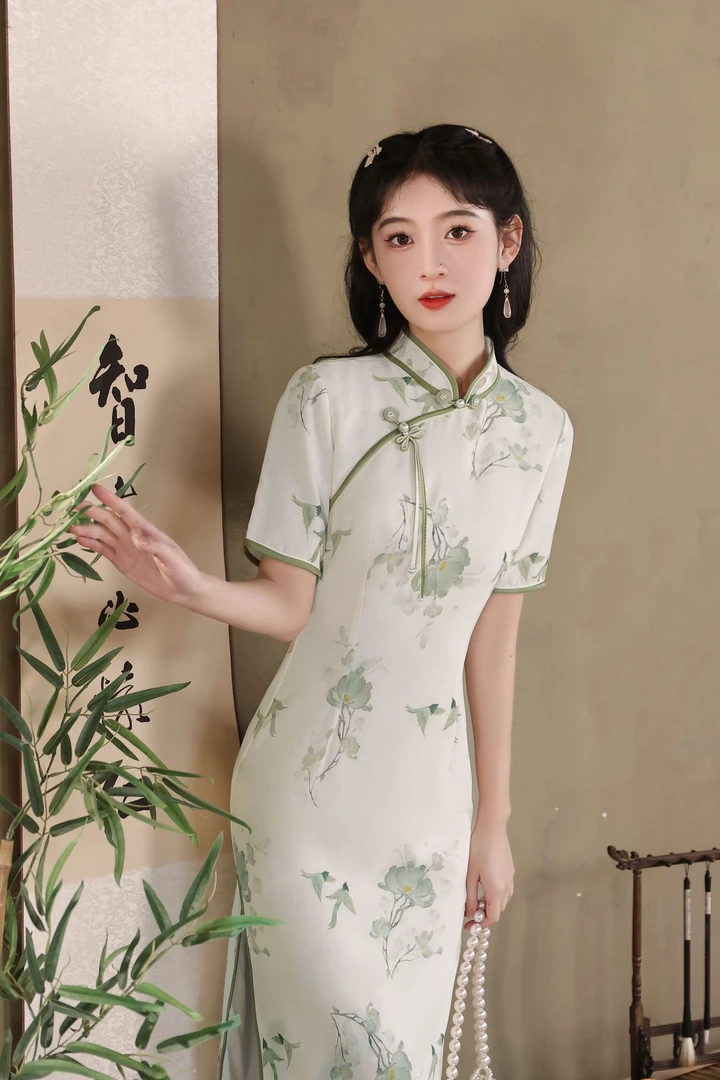 旗袍 中长款 双层（衣长约105cm）清荷C157