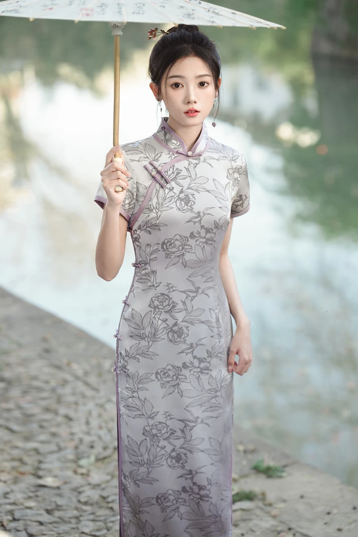 旗袍 长款  双层 侧八扣（衣长约125cm）  初美人C141