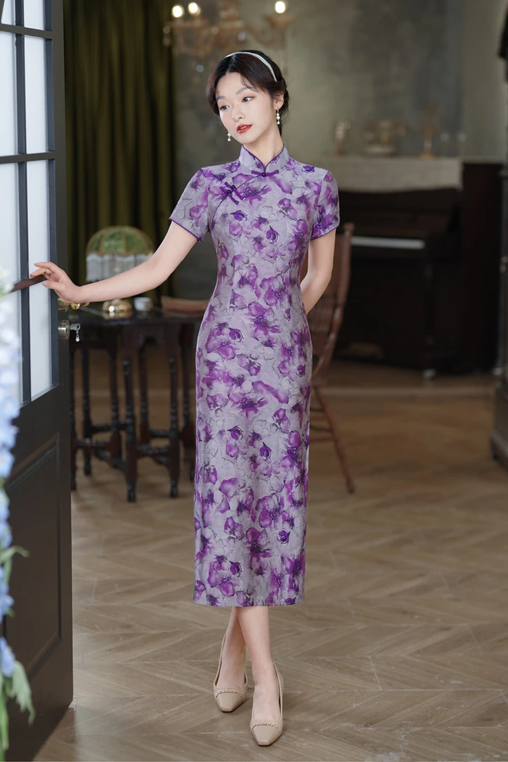 旗袍 长款 短袖 单层(衣长约120cm)出水芙蓉 紫
